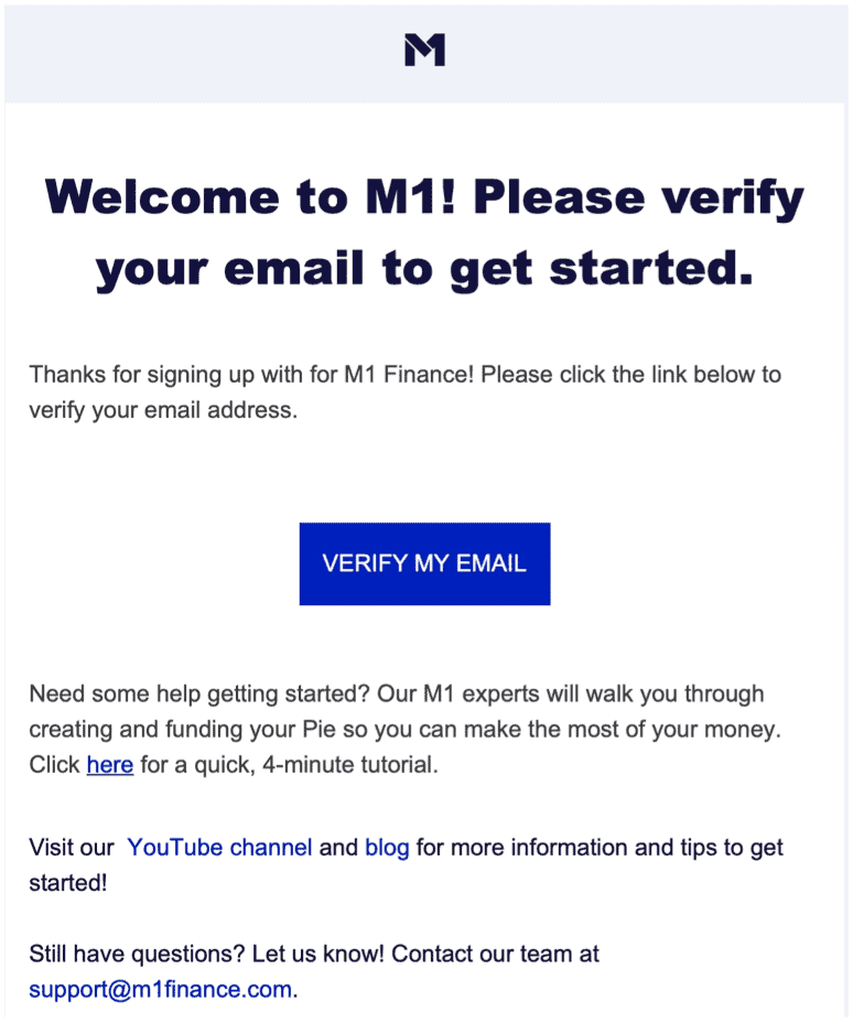 M1 Finance потвърждава имейл