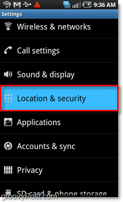 меню за местоположение и сигурност android