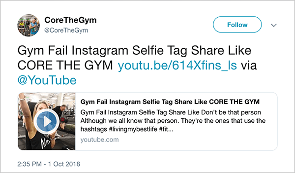 Това е екранна снимка на туит от @CoreTheGym. В чуруликането пише „Gym Fail INstagram Selfie Tag Share Like CORE THE GYM“ и има връзка към видеоклип в YouTube. Описанието на видеото е „Не бъди като този човек. Въпреки че всички познаваме този човек. Те са тези, които използват хаштаговете #livingmybestlife ”. Връзката към видеото е youtu.be/614Xfins_ls.