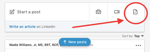 Публикация за споделяне на документи в LinkedIn, качване на документ в органична публикация стъпка 1, добавяне на нова икона на документ