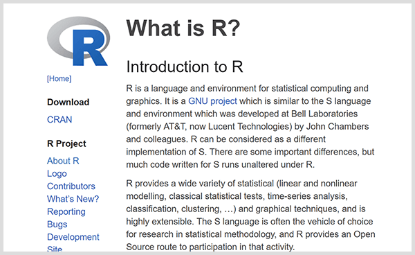 Създайте свои собствени инструменти за прогнозна аналитика с езика за програмиране R. Екранна снимка на уеб страницата за въвеждане на R. 
