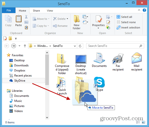 Добавете SkyDrive към Windows с десния бутон на мишката върху менюто Изпращане