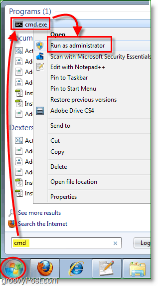 Скрийншот на Windows 7 -изпълнен cmd като администратор