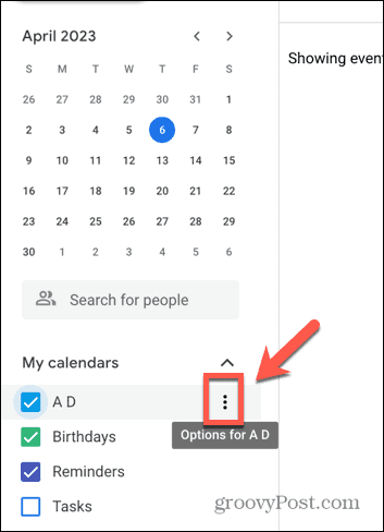 Екранна снимка на икона с три точки на Google Календар