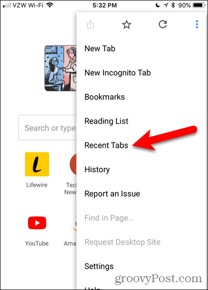 Докоснете Последни раздели в Chrome за iOS