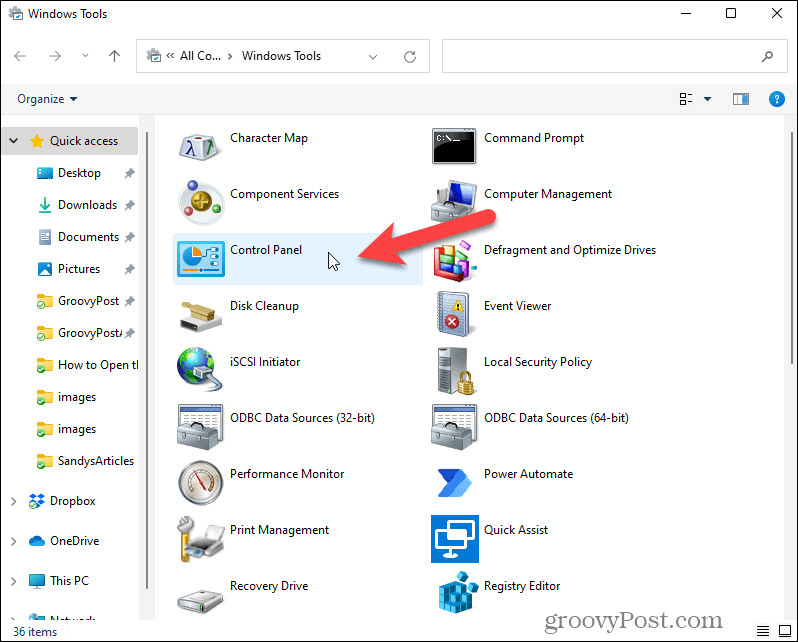 Отворете контролния панел в Windows Tools