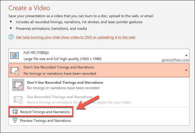 Времена на запис за експортирано видео в PowerPoint
