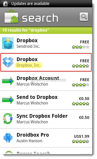 Меню за търсене на Android Dropbox