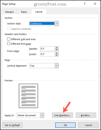 Щракнете върху Line Numbers в Page Setup