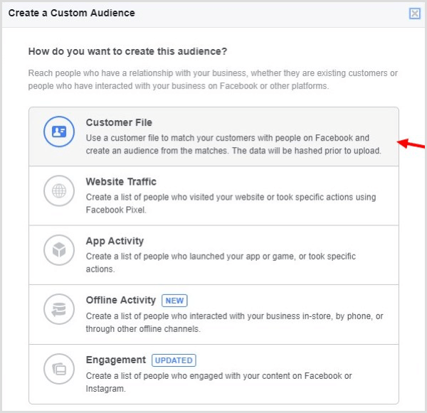 Създайте Facebook създайте персонализирана аудитория въз основа на вашия имейл списък.