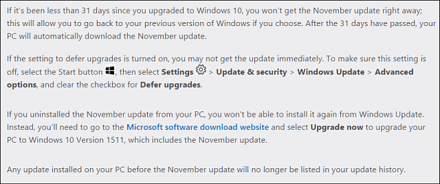 Бележки за актуализиране на Microsoft Win10 November