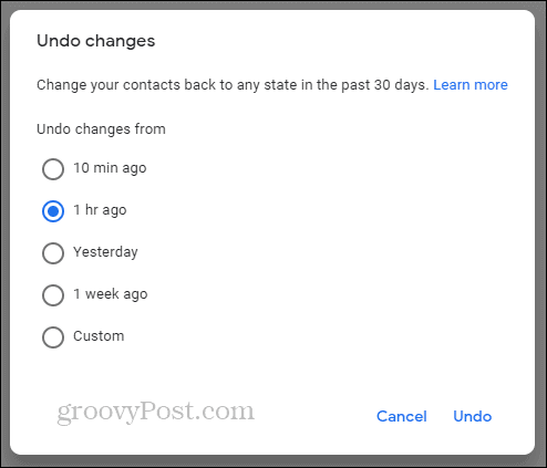 Google Контакти Отмени промените на времевата линия