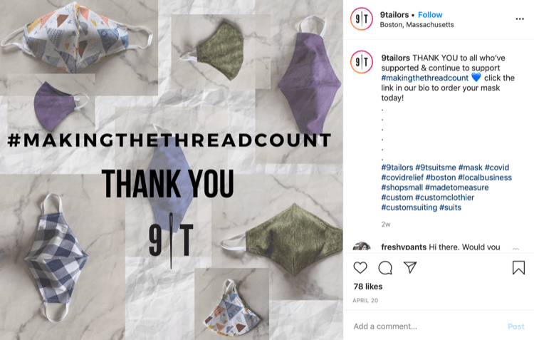 9Tailor Instagram публикация за продажби на маски