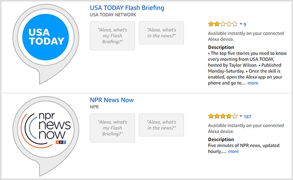 Листингите за брифинг на Alexa имат сиво балонче с кръгло лого на производителя, като USA TODAY или NPR. Обявите включват и звезден рейтинг и описание.