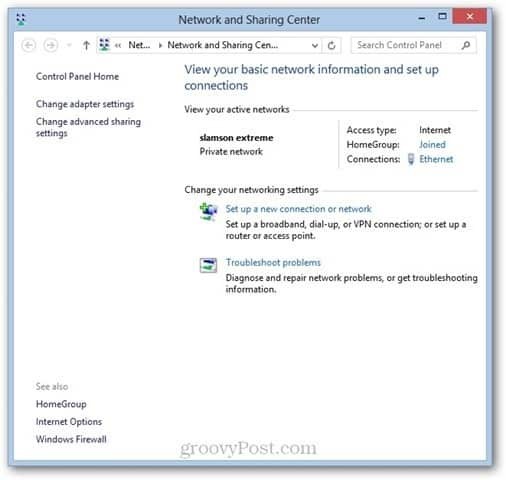 Център за споделяне на мрежи на Windows 8 WOL