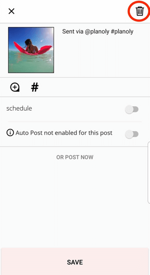 Докоснете иконата на кошче, за да изтриете публикация от вашия акаунт в Planoly.