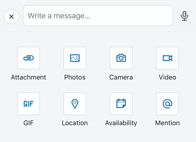 Опции за публикуване в мобилно приложение LinkedIn, включително прикачен файл и GIF