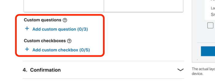 снимка на екрана на полета "Персонализирани въпроси" и "Персонализирани отметки" за формуляр за олово в настройката на рекламата в LinkedIn