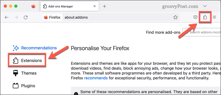 Отворете разширенията на Firefox