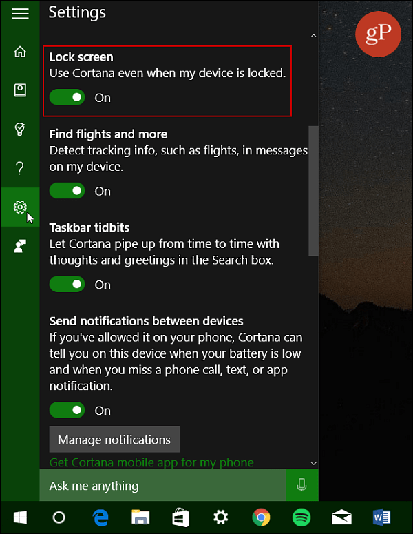 Включете заключения екран на Cortana Windows 10