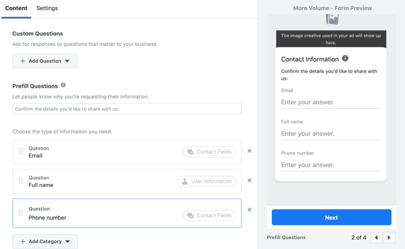 добавете персонализирани въпроси към формуляра за генериране на олово във Facebook