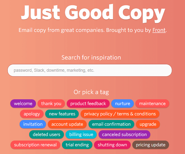 Just Good Copy ви дава примерни имейли, за да започнете.