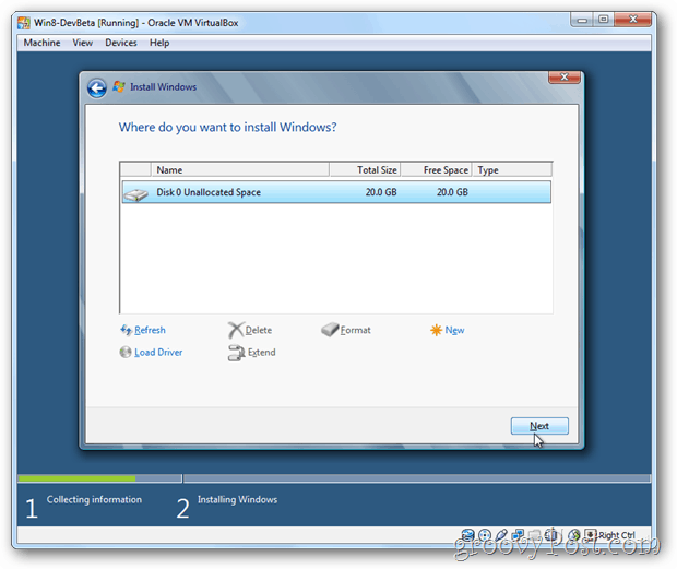 VirtualBox Windows 8 изберете диск за инсталиране