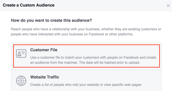 Създайте потребителска аудитория във Facebook, като използвате списък с клиенти.