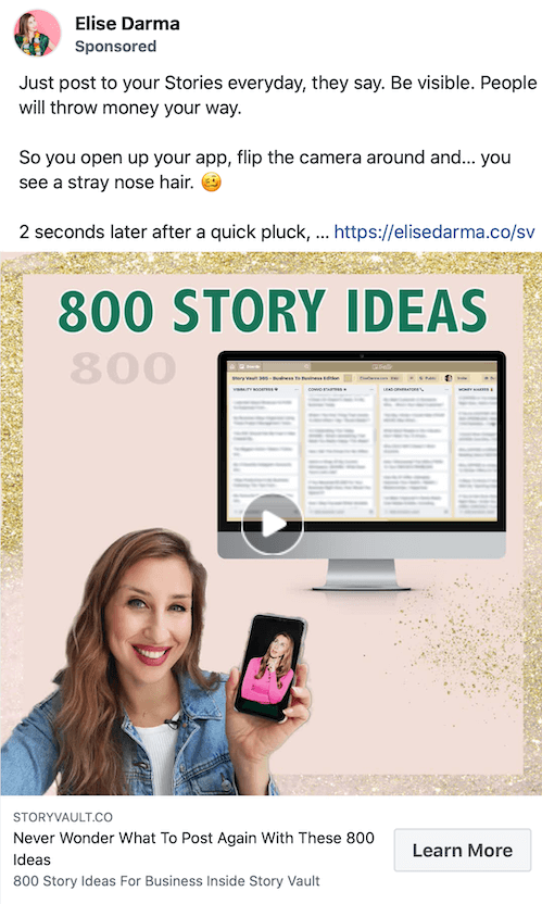 пример на екранна снимка на спонсорирана публикация от elise darma, популяризираща 800 идеи за истории