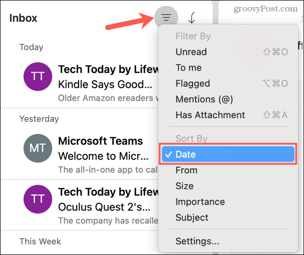 Сортиране по дата в Outlook на Mac