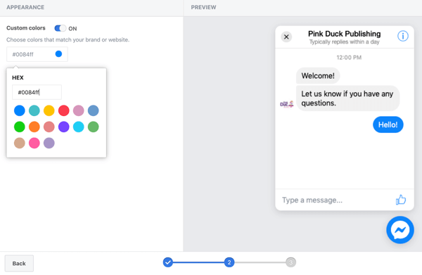 Използвайте Google Tag Manager с Facebook, стъпка 11, опции, за да зададете персонализирани цветове за вашата приставка за чат във Facebook