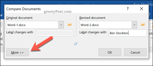 Допълнителни опции за сравняване на документи на Microsoft Word