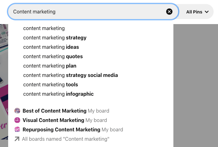 пример за търсене на pinterest за маркетинг на съдържание с маркетинг на съдържание, съчетан със стратегия, идеи, цитати, план, инструменти, инфографика и др. заедно с няколко форума, чиито имена включват маркетинг на съдържание