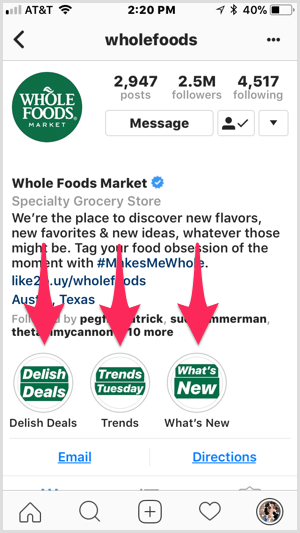 Акценти в Instagram в профила Whole Foods.