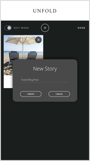 Докоснете иконата +, за да създадете нова история с Разгъване.