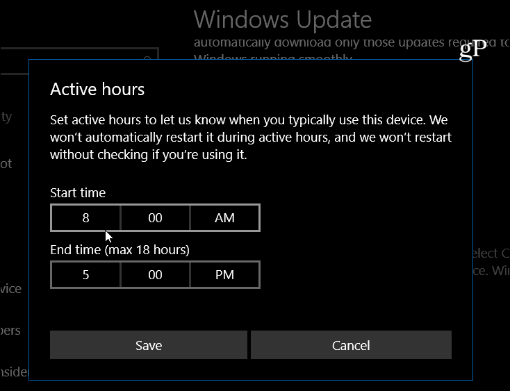 Windows 10 задава активни часове