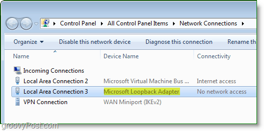 Екранна снимка на Windows 7 - адаптерът на Microsoft Loopback, видим в прозореца за мрежови връзки