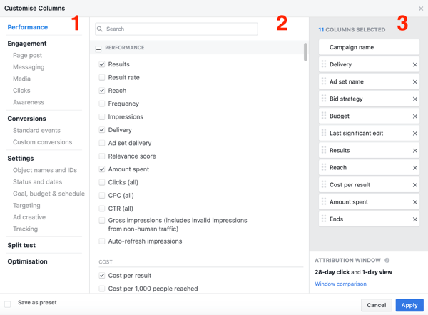 Пример за прозорец за създаване на отчети във Facebook Ads Manager.