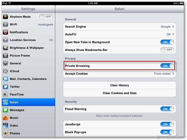 Apple iOS 5: Активиране на Safari Private Browsing