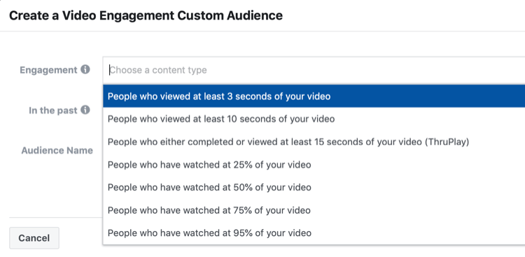 Създайте прозорец за настройка на персонализирана аудитория на Video Engagement