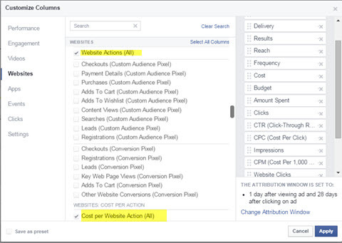 facebook мениджър реклами добавяне на действия в уебсайта