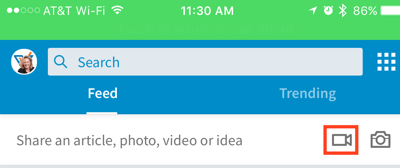 Щракнете върху иконата на видеокамерата, за да създадете видео актуализация на LinkedIn.