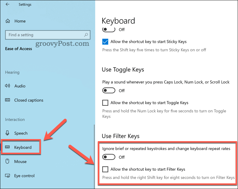 Конфигуриране на настройките на филтърните ключове в Windows 10