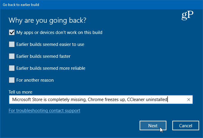 върнете се към предишната версия на Windows 10
