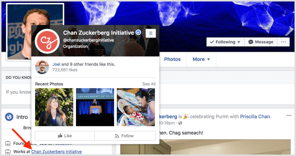Потребителите виждат визуализация, когато задържат курсора на мишката върху свързаните марки и фирми в раздела „Информация“ на личния профил на Facebook.