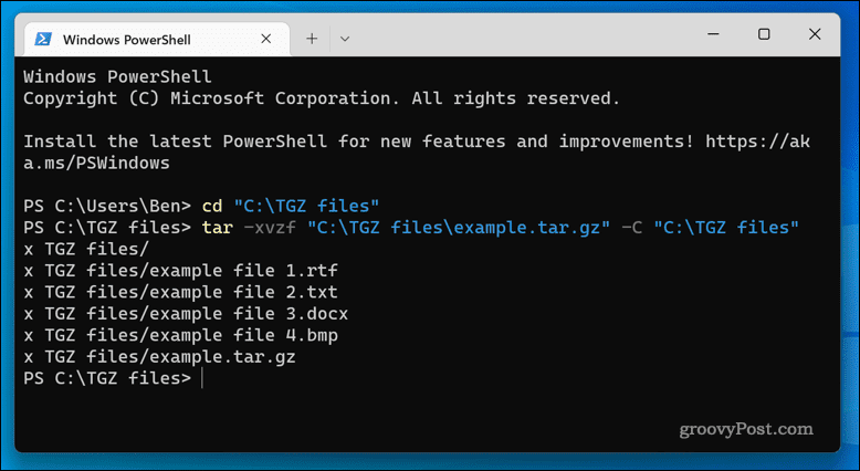 Извличане на TGZ файлове в Windows 11 с помощта на терминалното приложение