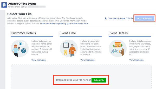 Възможност за плъзгане и пускане на вашия файл с данни във Facebook Ads Manager.