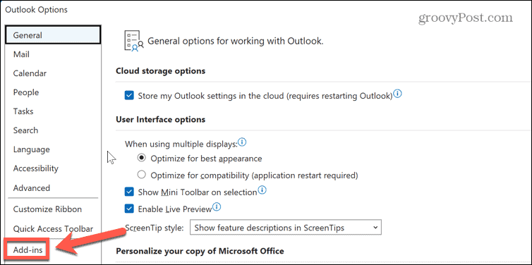 менюто за добавки на Outlook