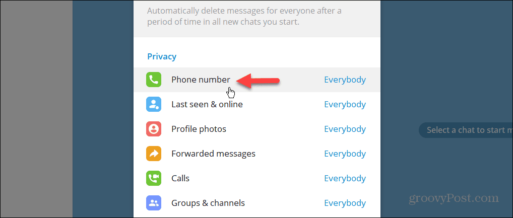 Настройка за поверителност на телефонния номер в настолното приложение Telegram
