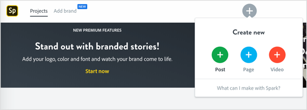 Докоснете иконата +, за да създадете нова публикация в Adobe Spark.